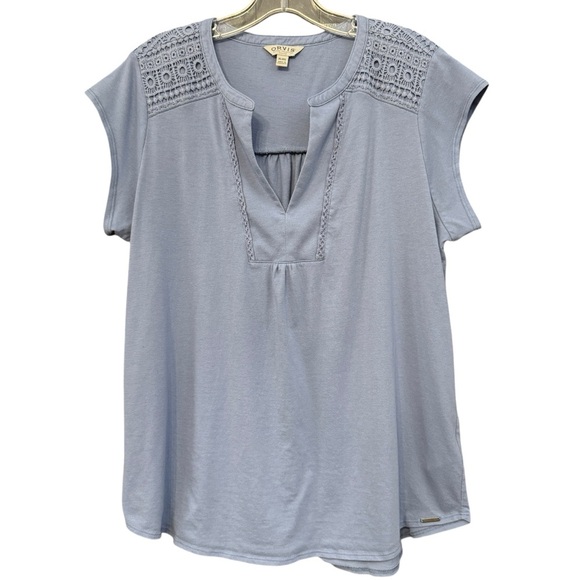Orvis Tops - Orvis Anna Crochet Lace Yoke Split V Cap Sleeve Top XL Dusty Blue